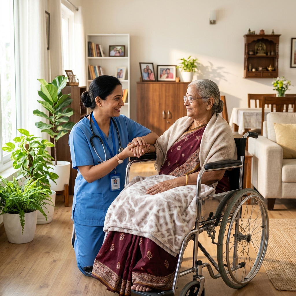 Professional healthcare nurse helping elderly patient at home